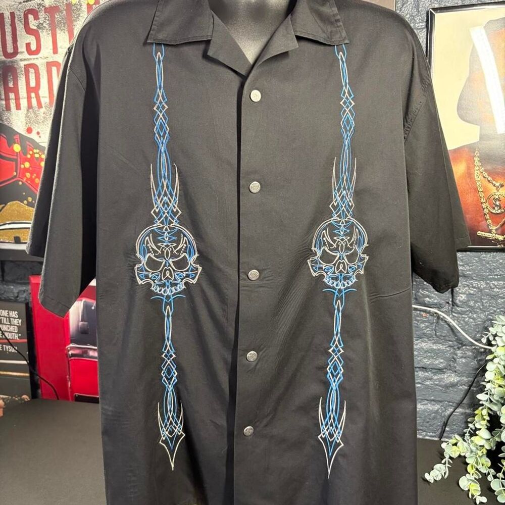 Hard Chrome Gear Men’s Skull Embroidered Button Up Shirt - 2XL